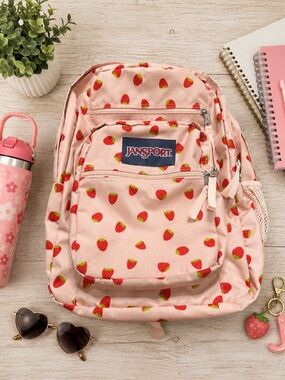 JanSport Pink Strawberry Print Backpack School Bag Cute